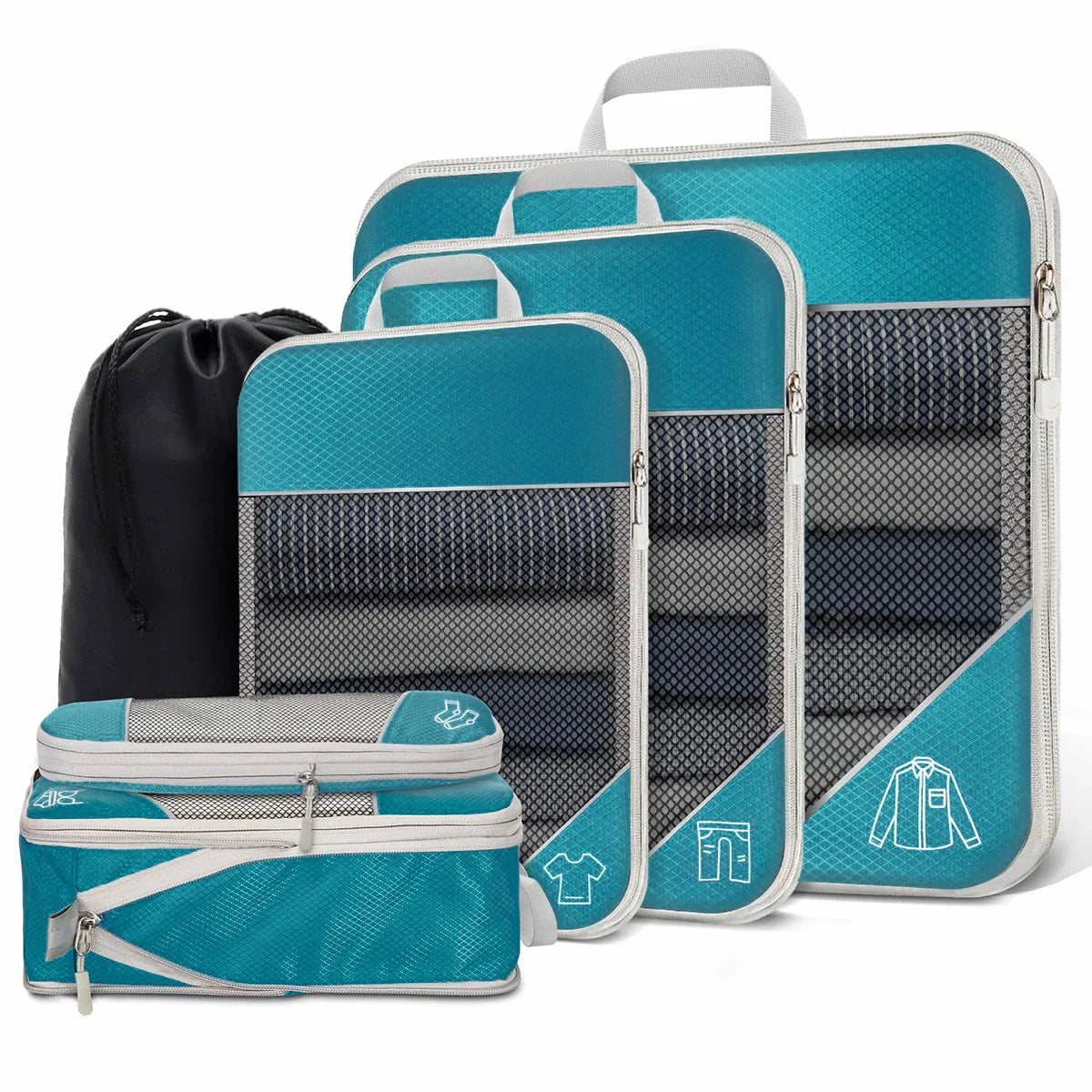 6-Piece Travel Compression Packing Cubes Set with Shoe Bag - Mesh Lightweight Luggage Organizers