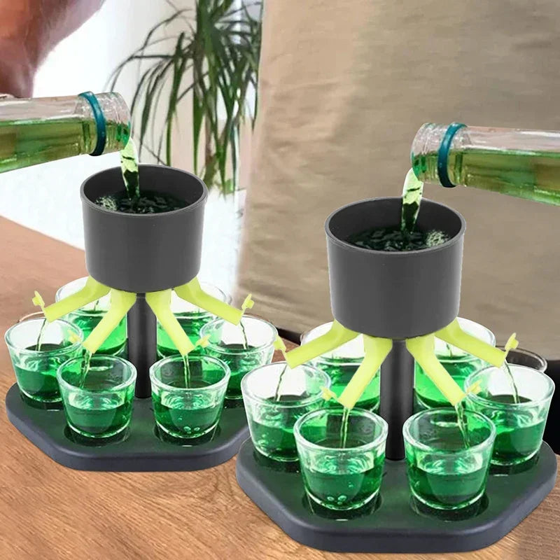 6-Shot Liquor Dispenser Shot Glass Drinking Game — 1.5 fl oz (44 ml) Cups, 1 L (1000 ml) Center Reservoir — Party & Home Bar with Removable Lid