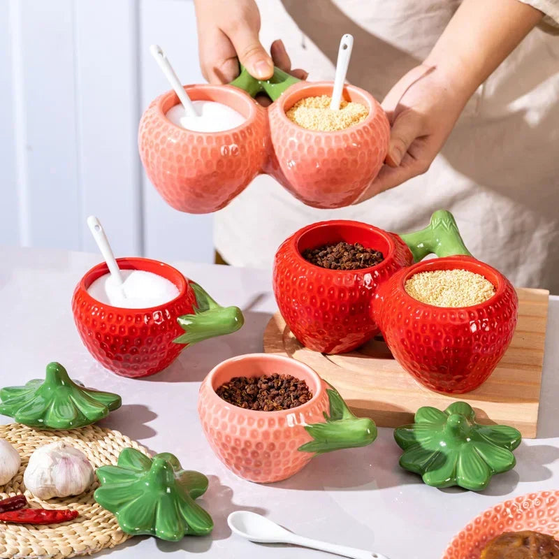 Ceramic Strawberry Oil & Vinegar Cruet - Fruit-Shaped Kitchen Seasoning Jar for Salt, Sugar, Soy Sauce
