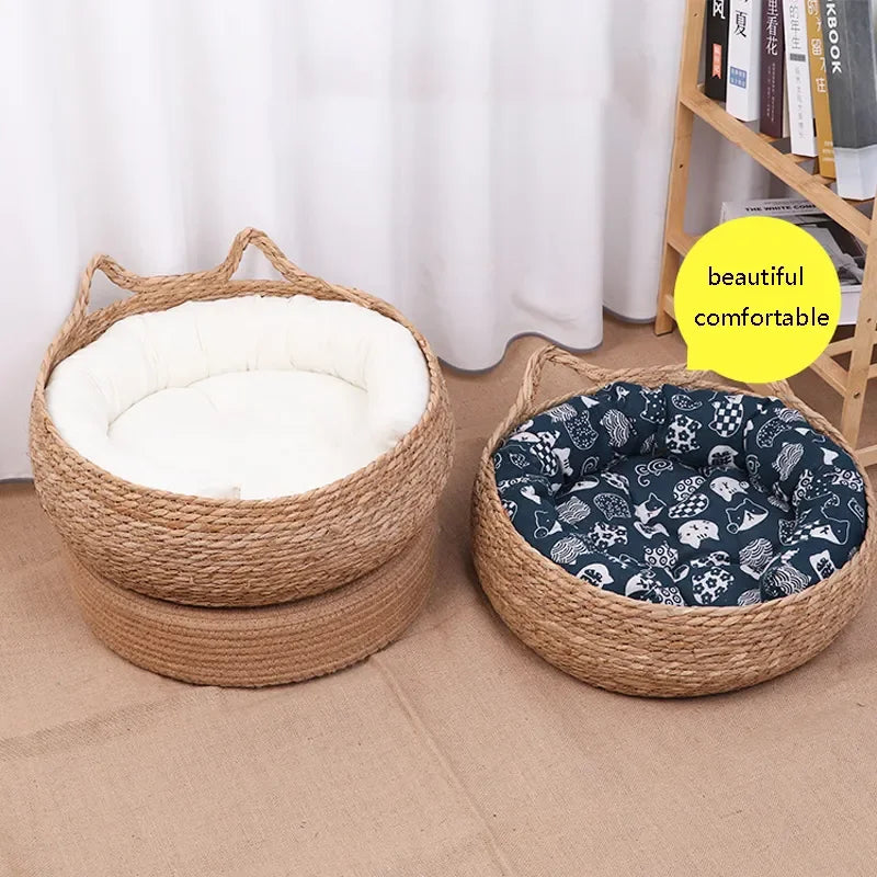 Handmade Vine-Woven Cat Nest Bed with Detachable Washable Pad, Four-Seasons Natural Straw Pet Bed
