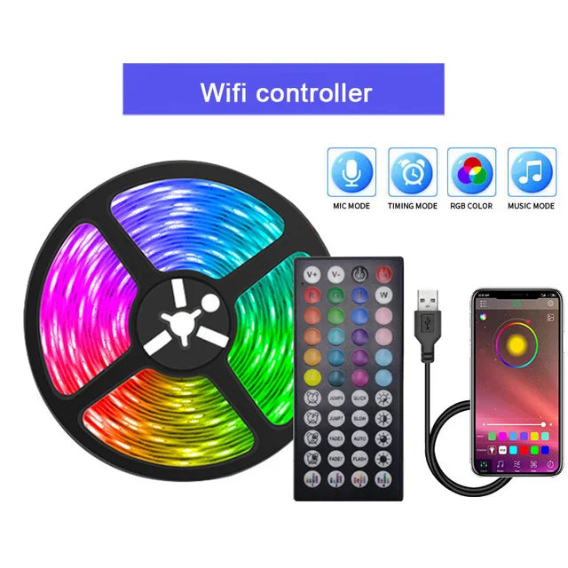 USB RGB LED Strip Lights 5050 SMD — Flexible TV Backlight, Music Sync, App & Remote Control (1–15m / 3.3–49.2ft)