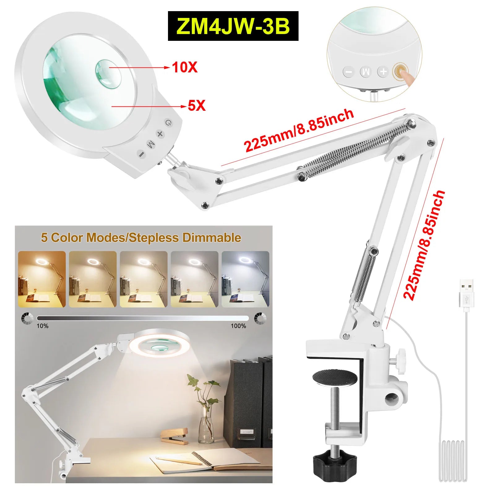 Adjustable Swing-Arm Magnifying Lamp 5X/10X with 110mm Lens, 5-Color Touch LED Clamp Light for Reading Jewelry Repair Electronics
