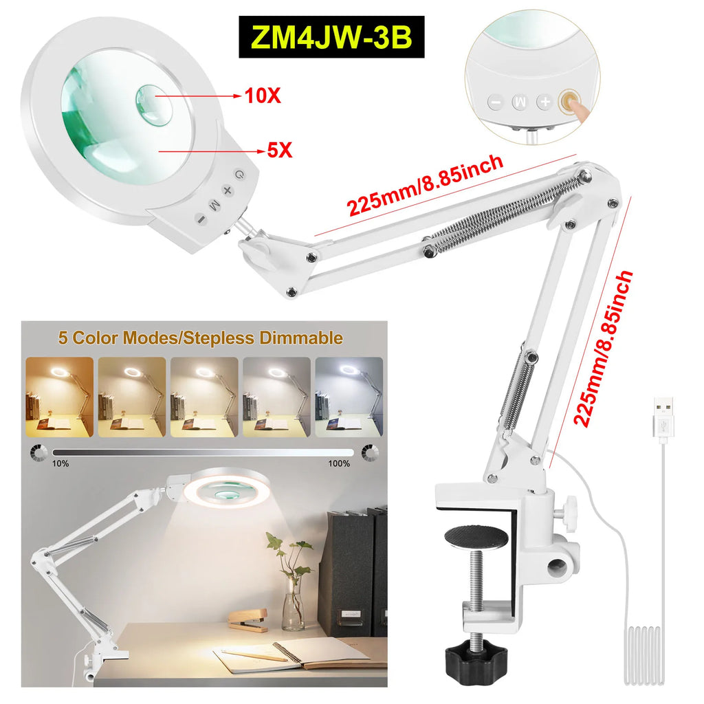 Adjustable 5X/10X Magnifying Lamp with 110mm (4.3 in) Lens - Touch 5-Color LED, 10-Level Dimming, Long Swing Arm Clamp Light for Reading, Jewelry & Soldering