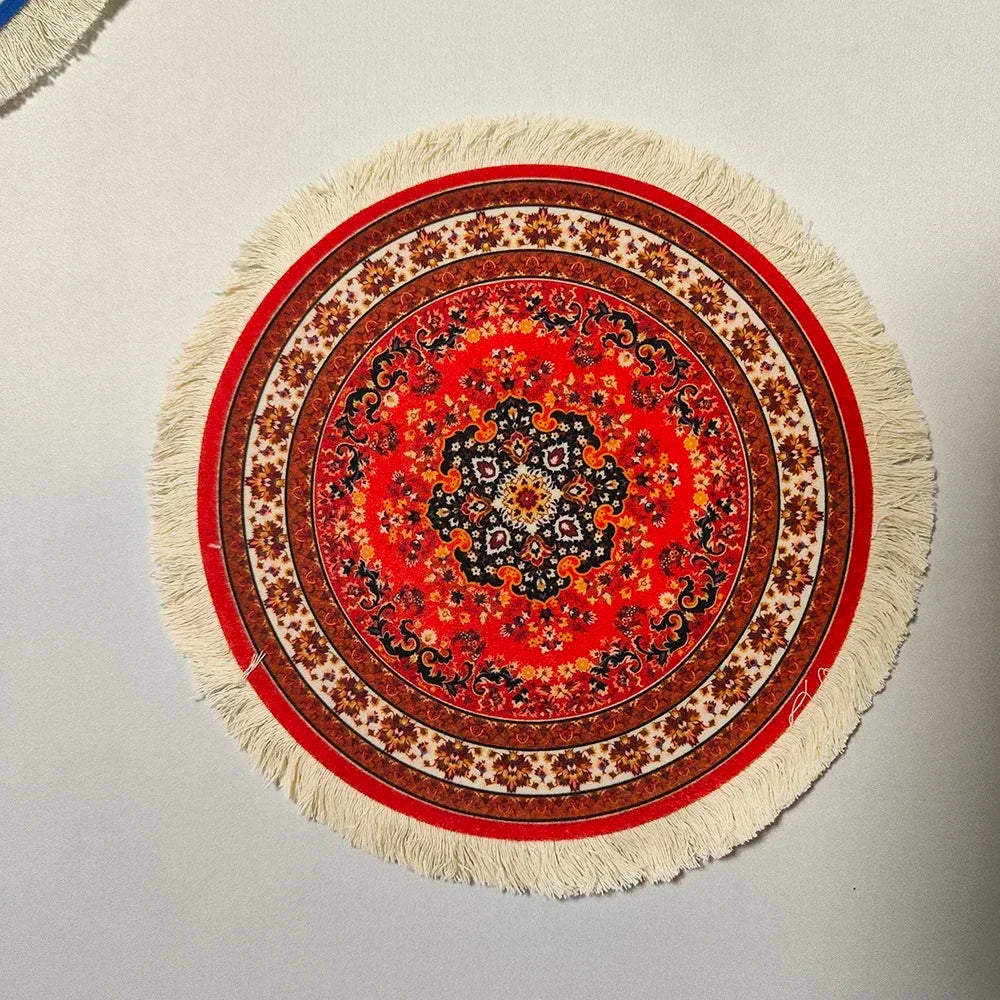 Woven Persian Flower Mouse Pad 9.1 x 7.1 in (23 x 18 cm) Non-Slip Rubber Desk Mat with Fringe — Retro Style