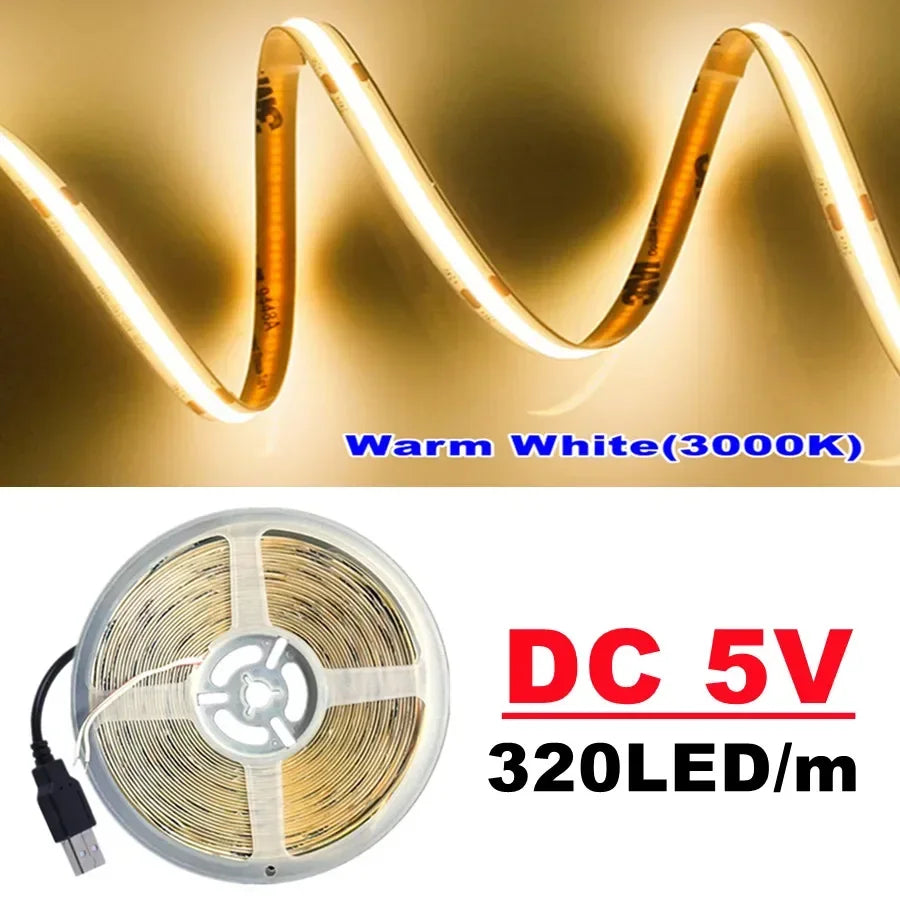 USB 5V COB LED Strip Light — 320 LEDs/m High-Density Flexible Tape, 0.5–5m (1.6–16.4ft), 3000K/4500K/6500K, CRI>90