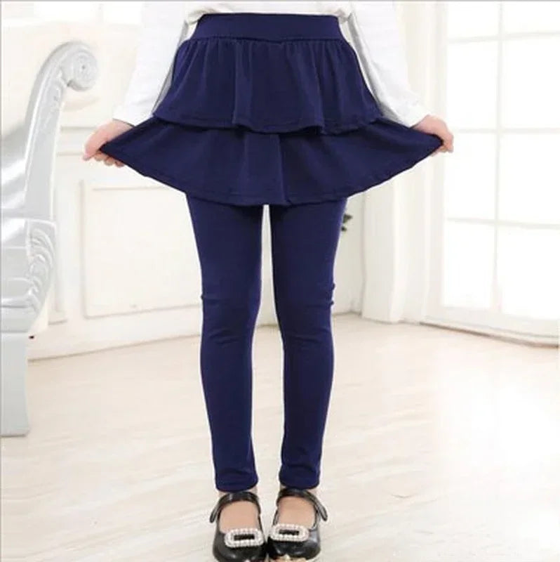 Girls Skirted Leggings - Cotton-Blend Ruffled Cake Skirt Pants for Ages 3–11 (Spring/Autumn)