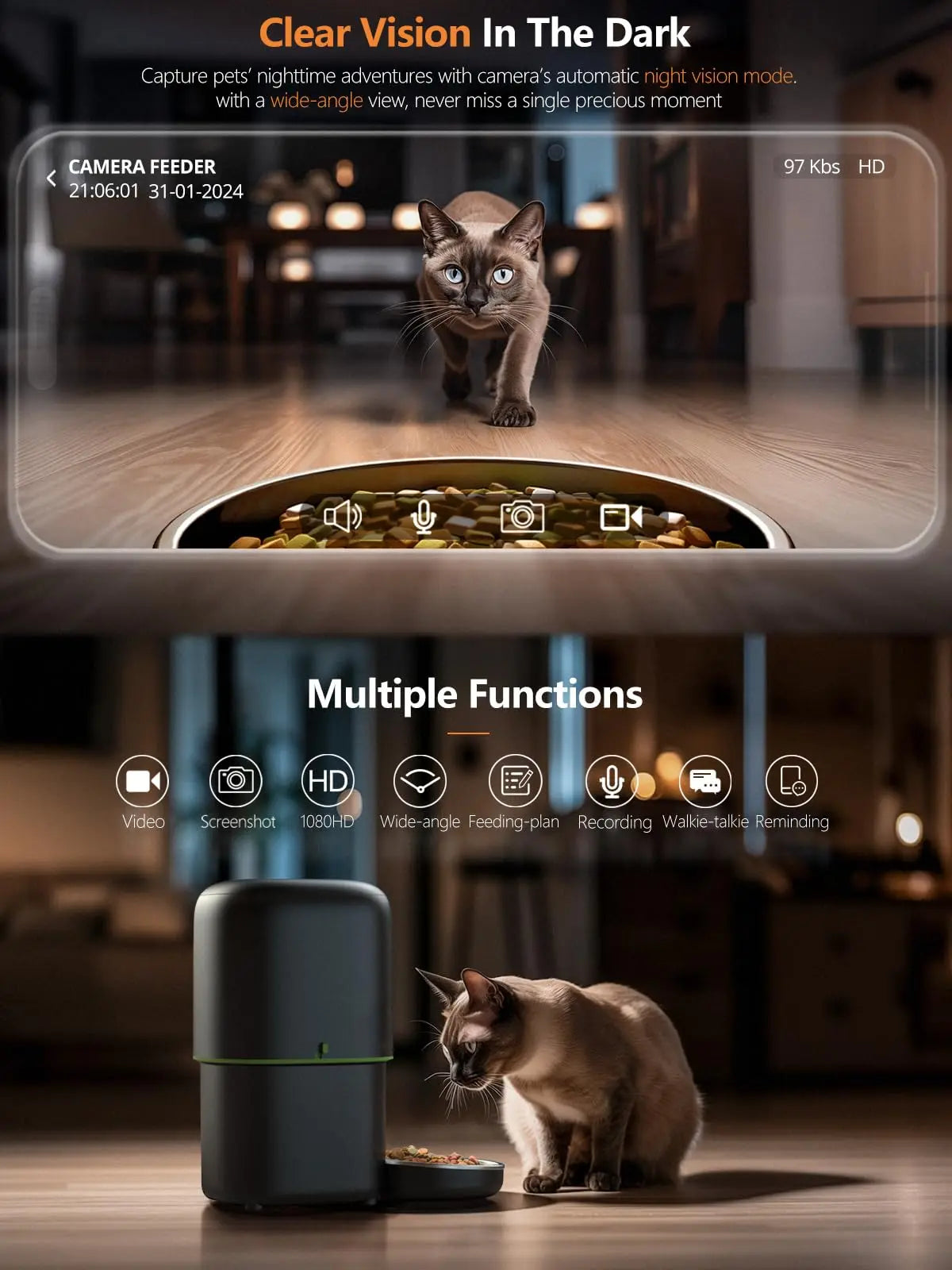 Smart Pet Feeder with 1080P Camera — Dual-Band WiFi (2.4/5GHz) App-Controlled Automatic Cat & Dog Kibble Dispenser, Voice Call & Portion Control