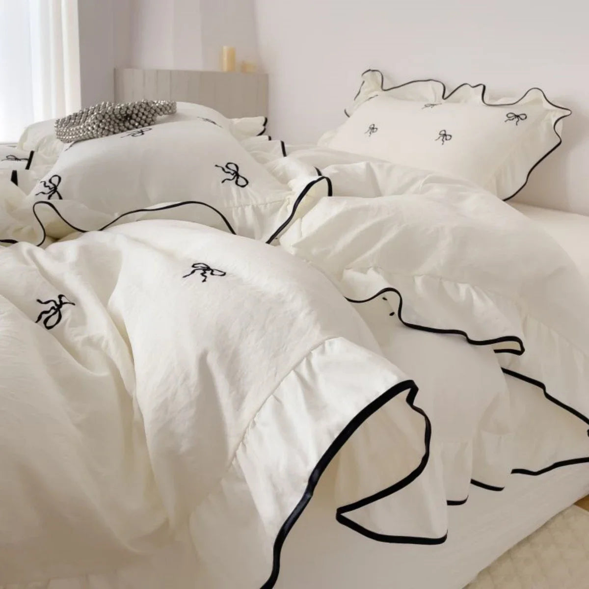 Floral Embroidered Duvet Cover Set 3-Piece (1 Duvet Cover + 2 Pillowcases) - Twill Polyester - Multiple Sizes - White, Pink, Black