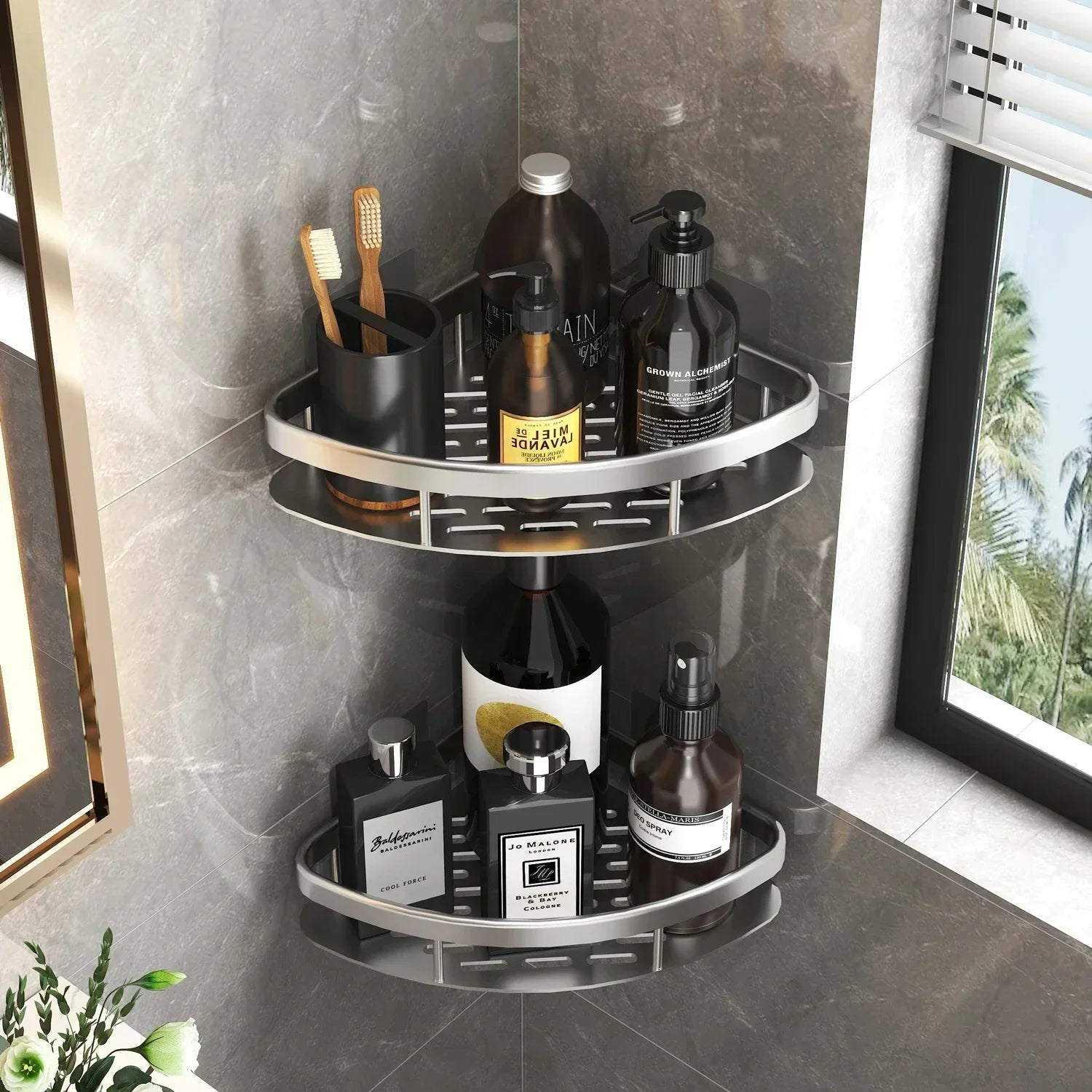 No-Drill Aluminum Alloy Bathroom Shower Shelf Wall-Mounted Shampoo Rack and Kitchen Organizer