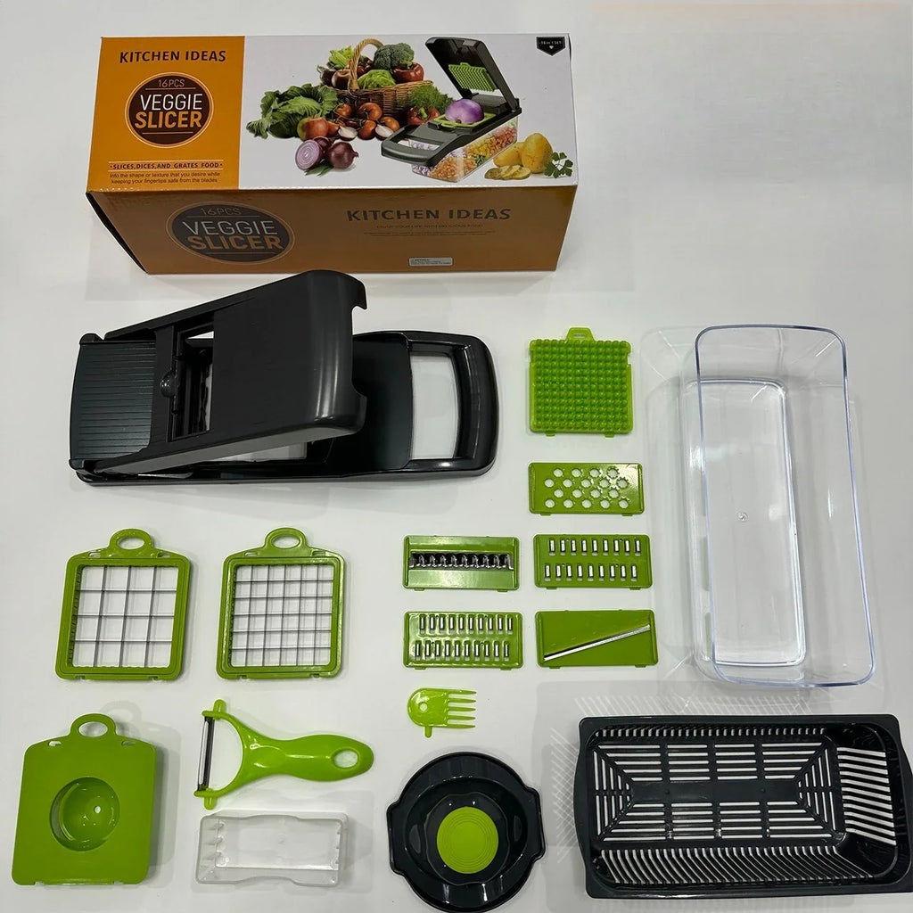 16-Piece Multifunctional Vegetable Slicer & Chopper Set - Food-Grade Stainless Steel Grater with Collector Basket