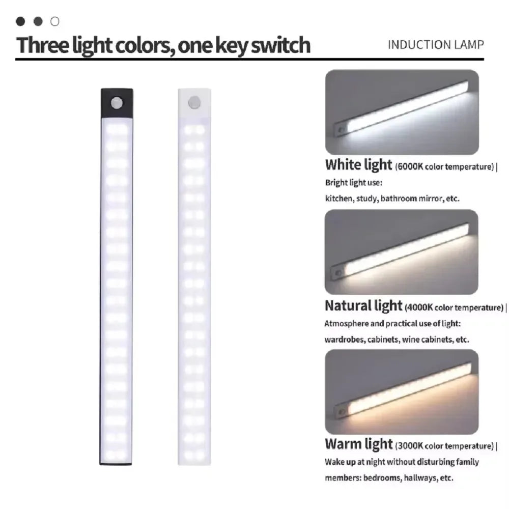 Rechargeable LED Motion Sensor Under Cabinet Light 10/20/30/40/50 cm (3.9/7.9/11.8/15.7/19.7 in) 3-in-1 Color Temp for Closet Kitchen Wardrobe