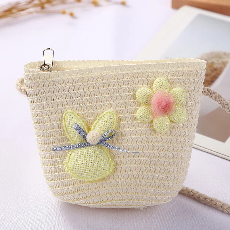 Girls Daisy Straw Mini Messenger Bag, Kids Shoulder Handbag with Coin Purse