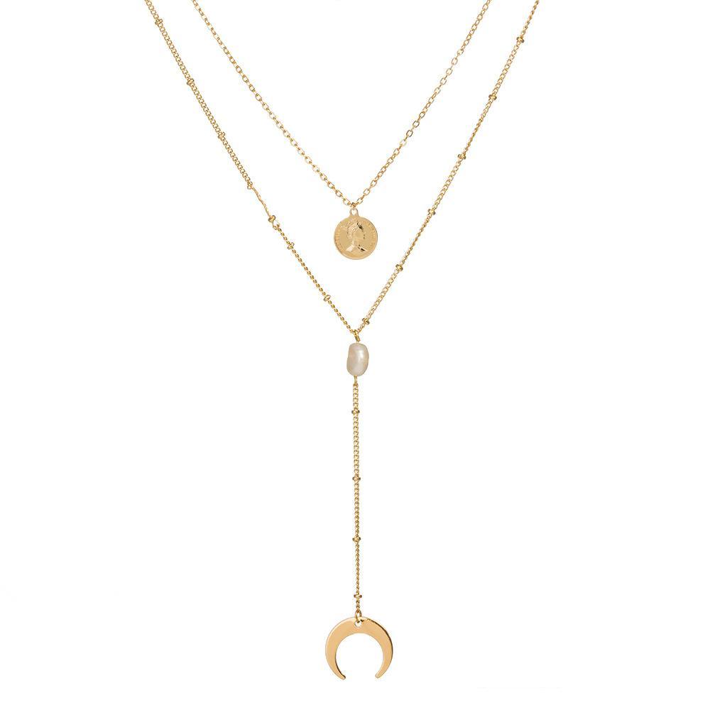 Two Layer Necklace with Moon and Gypsy Coin