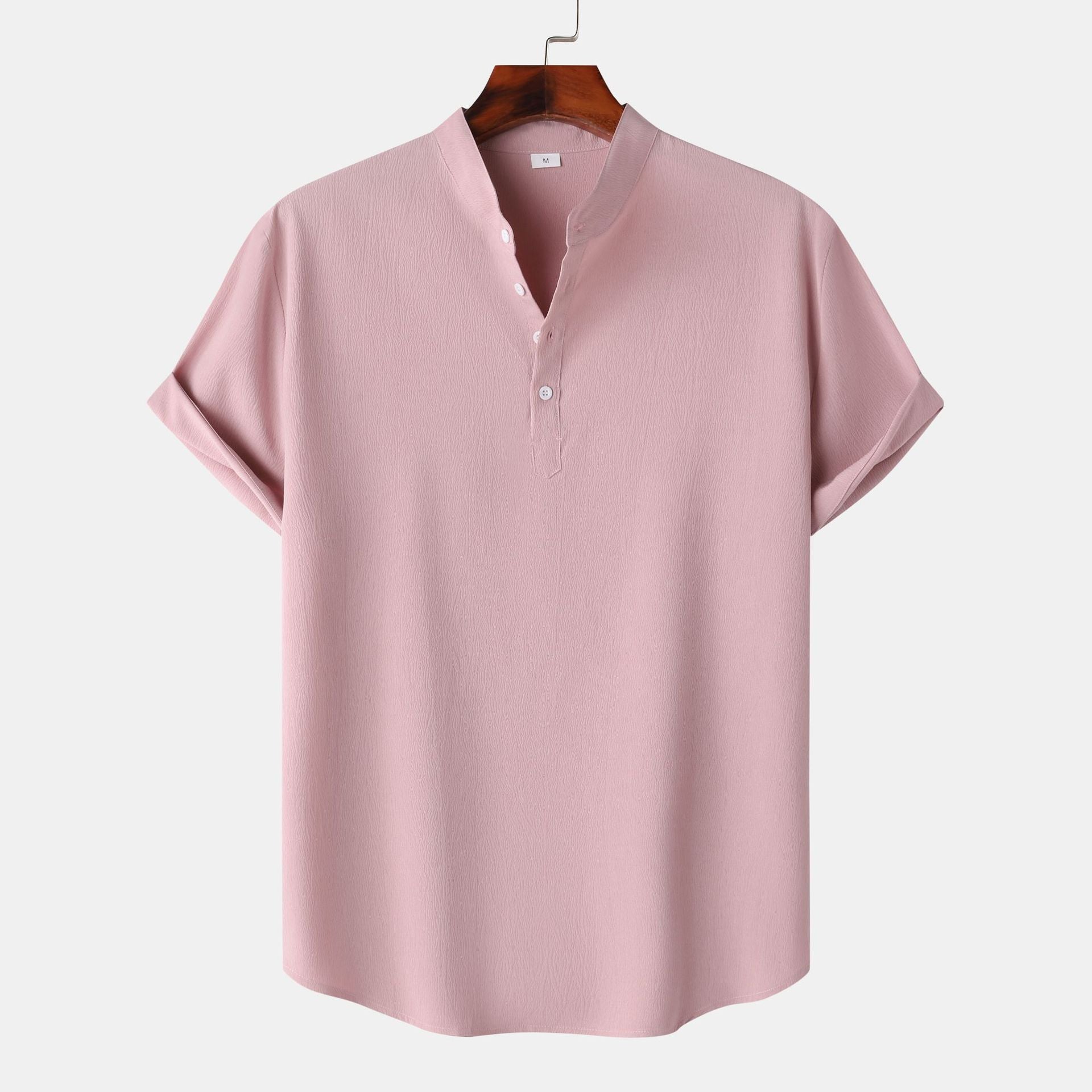 Men's Linen Short Sleeve Pullover Shirt Solid Color Stand Collar