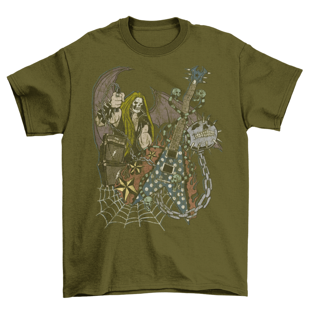 Death Metal Skull Face Guitar Chain Spider Net T-Shirt