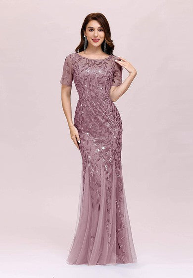 Tulle Sequins Floor-length Mermaid Short Sleeve Vintage Modest Dress with Pleats