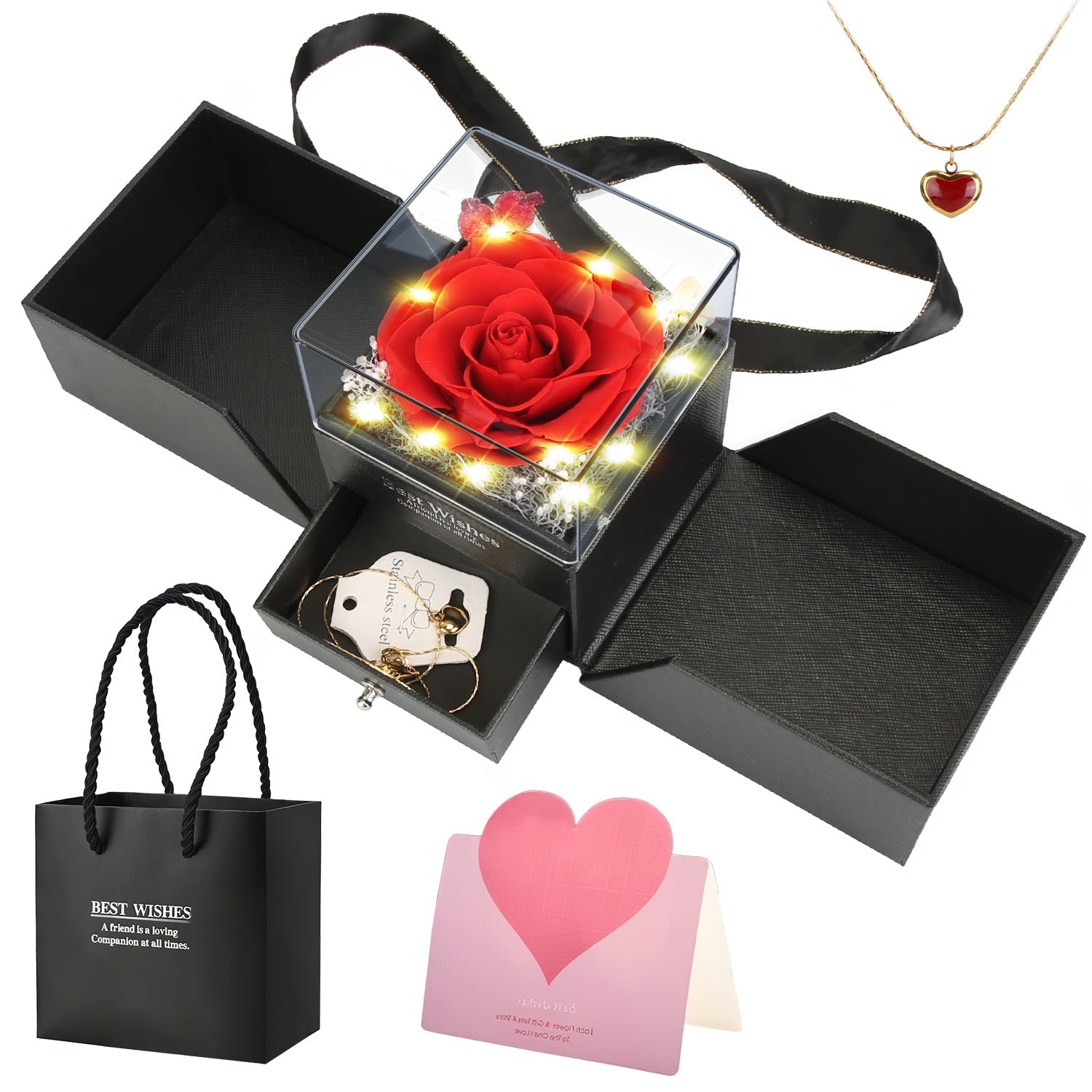Preserved Red Real Rose with Heart Necklace Eternal Flowers Rose with Golden Necklace Gifts for Women Mom Wife Girlfriend Grandma on Valentine Mother