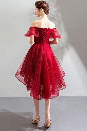 Strapless Short Sleeve High-Low Dress with Corset Back
