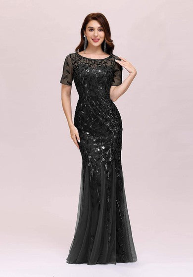 Tulle Sequins Floor-length Mermaid Short Sleeve Vintage Modest Dress with Pleats