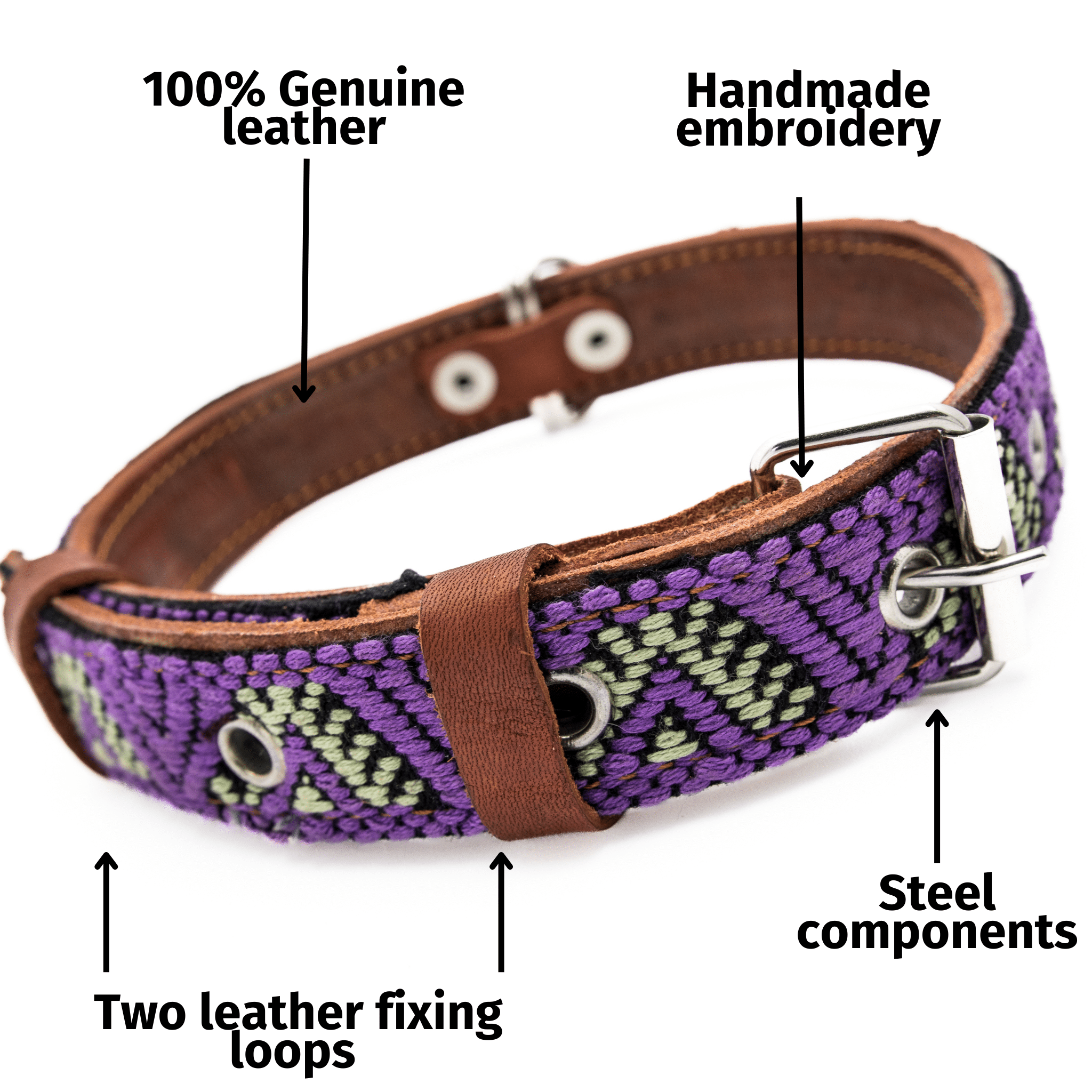 Handmade Leather Dog Collar — Aztec Embroidered | Amethyst