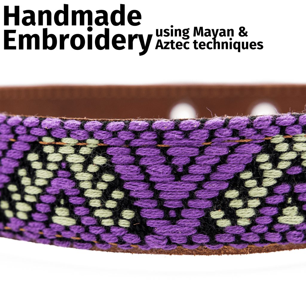 Handmade Leather Dog Collar — Aztec Embroidered | Amethyst