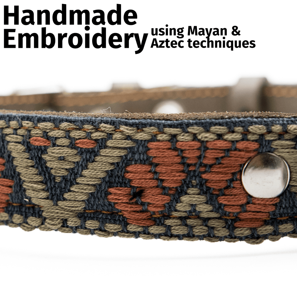Handmade Leather Dog Collar — Aztec Embroidered | Bronze Olive
