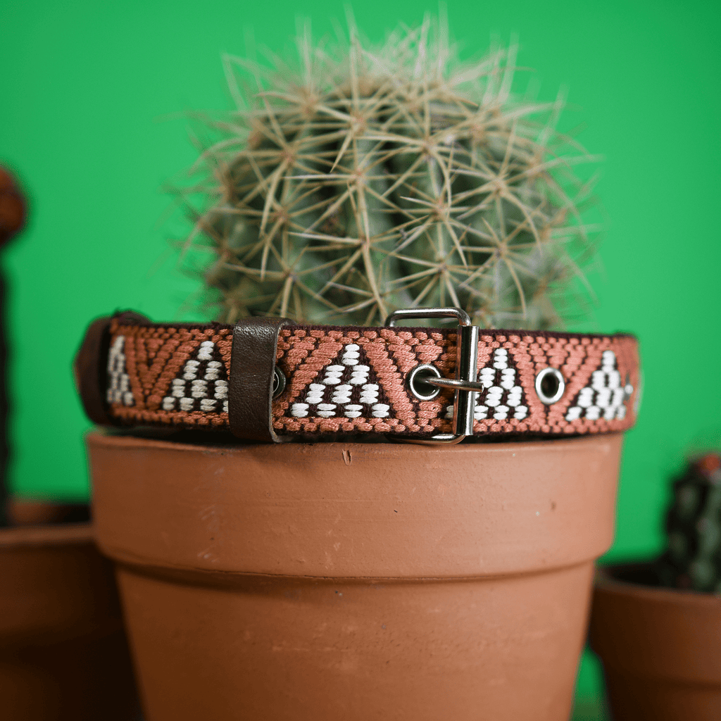 Handmade Leather Dog Collar — Aztec Embroidered | Brown Rust