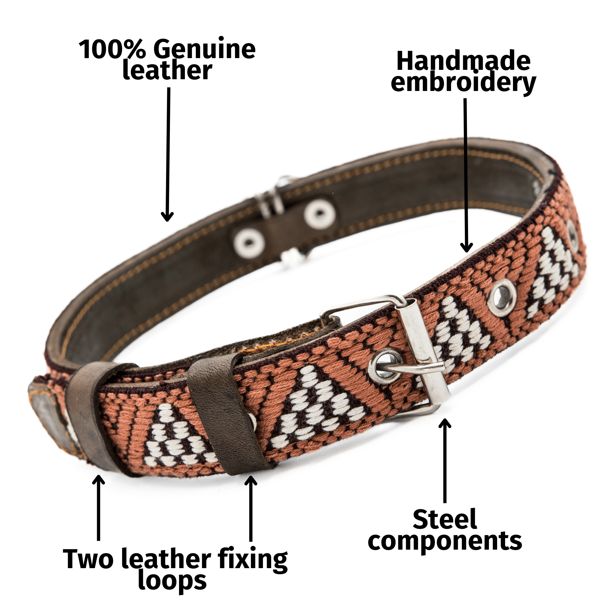 Handmade Leather Dog Collar — Aztec Embroidered | Brown Rust