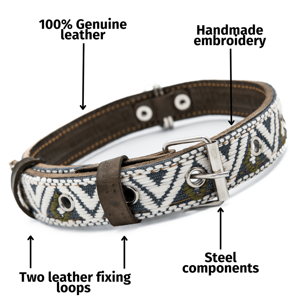 Handmade Leather Dog Collar — Aztec Embroidered | Ceramic Cello