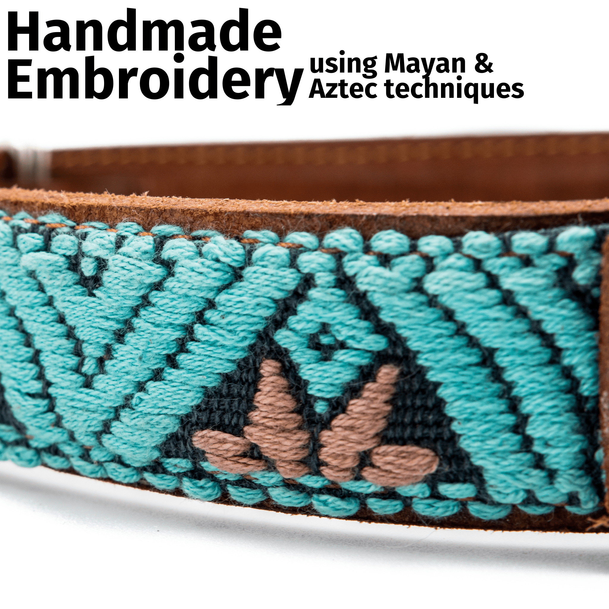 Handmade Leather Dog Collar — Aztec Embroidered | Teal