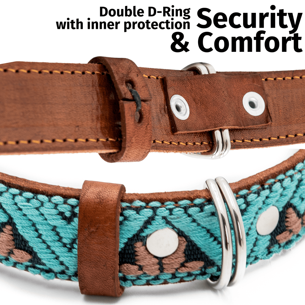 Handmade Leather Dog Collar — Aztec Embroidered | Teal