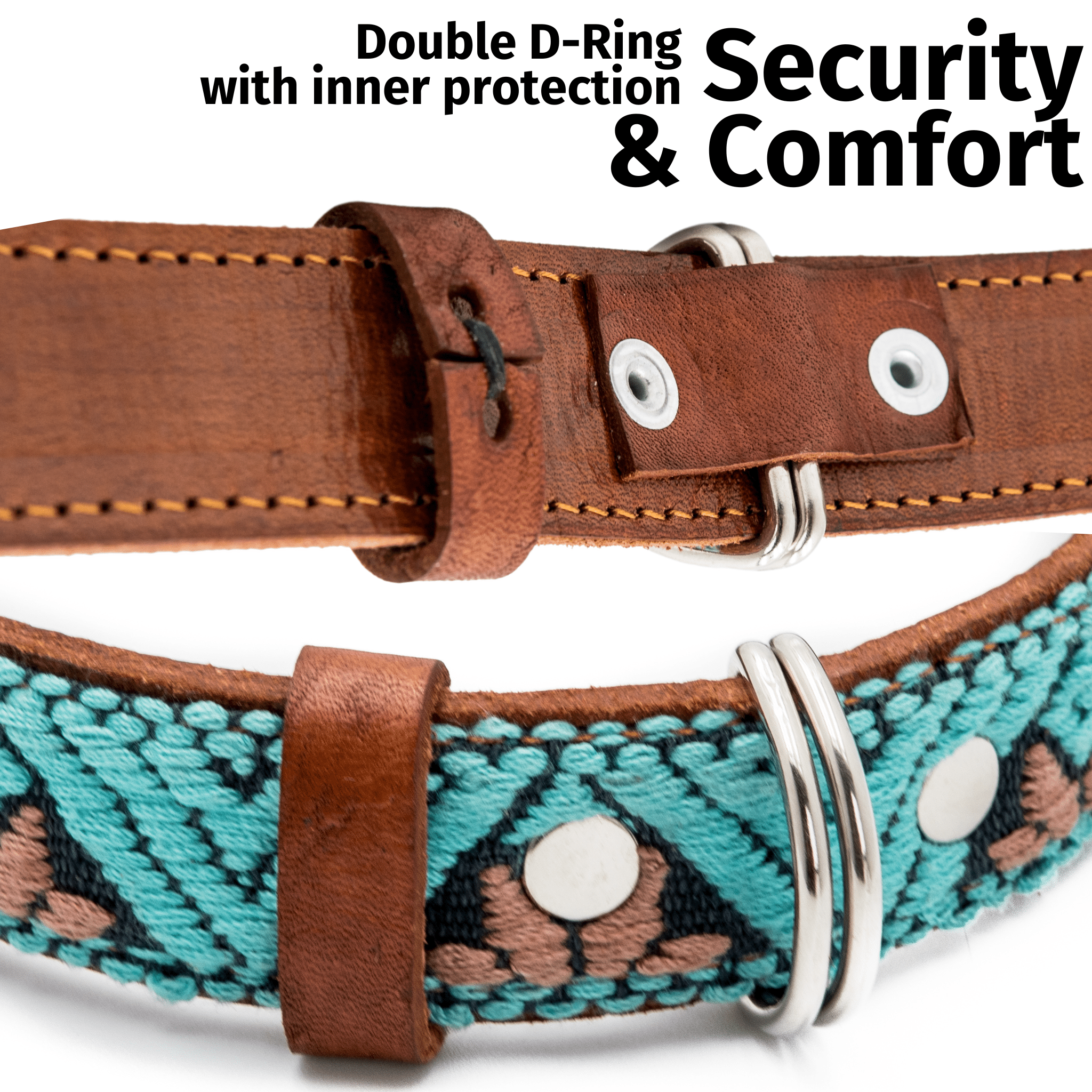 Handmade Leather Dog Collar — Aztec Embroidered | Teal