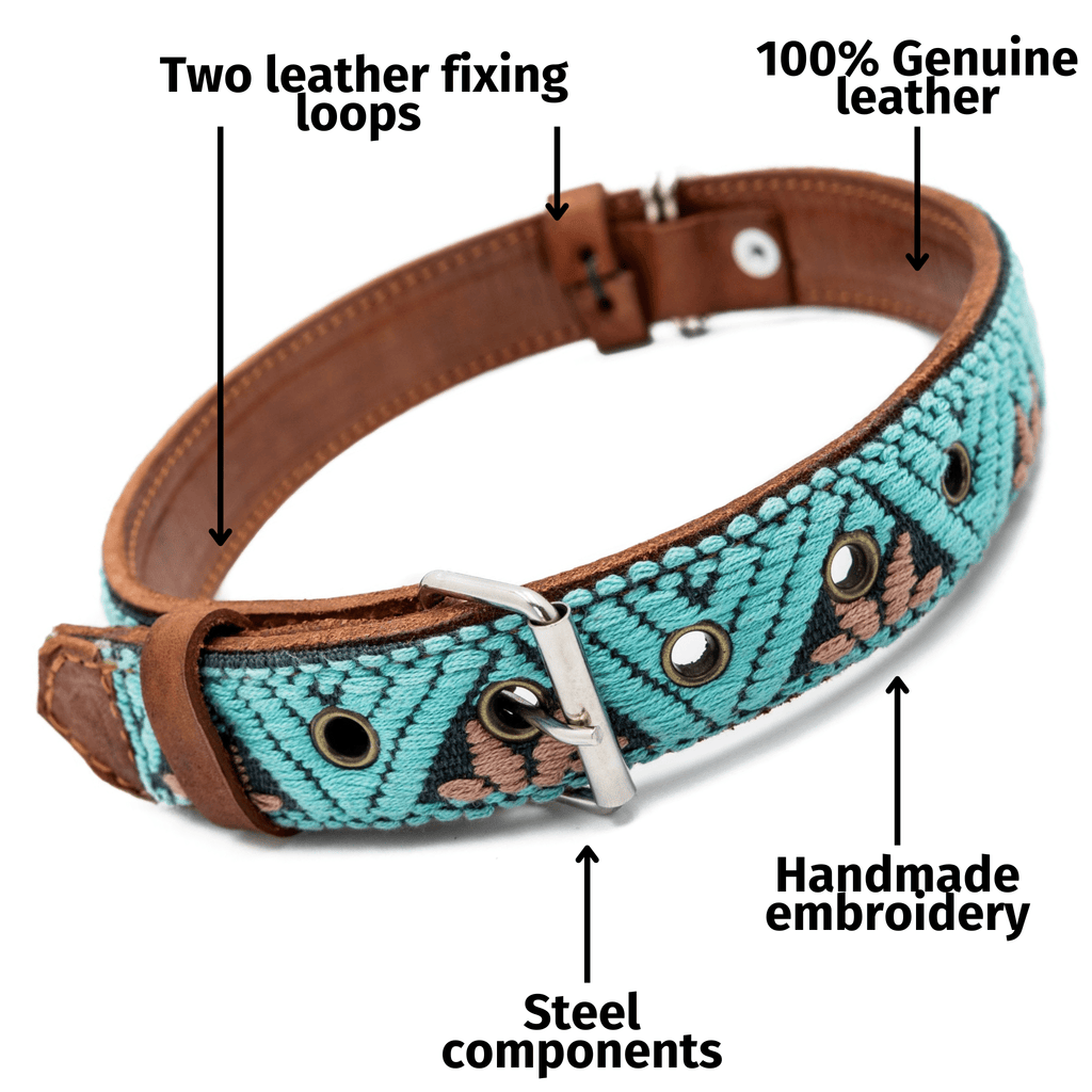 Handmade Leather Dog Collar — Aztec Embroidered | Teal