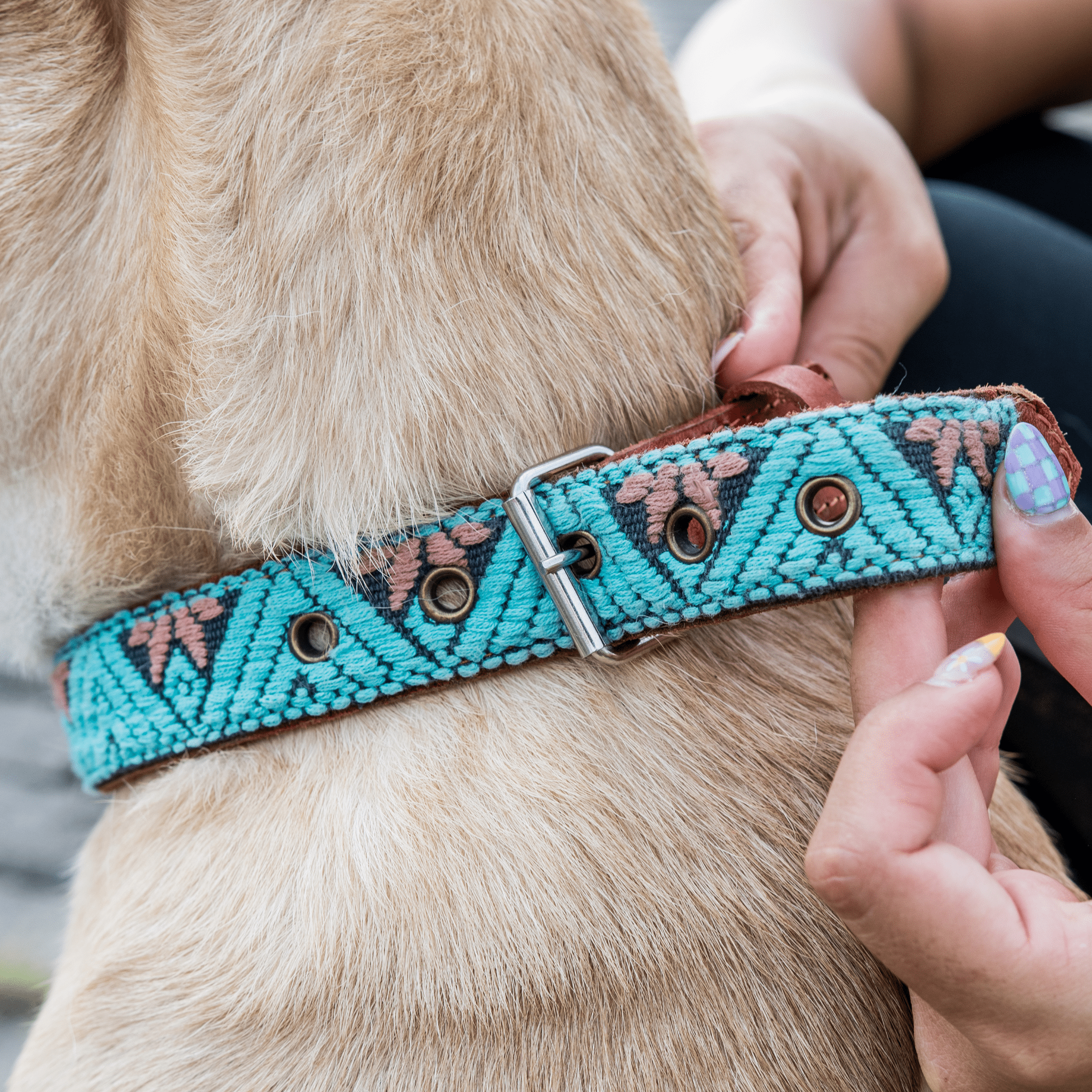 Handmade Leather Dog Collar — Aztec Embroidered | Teal