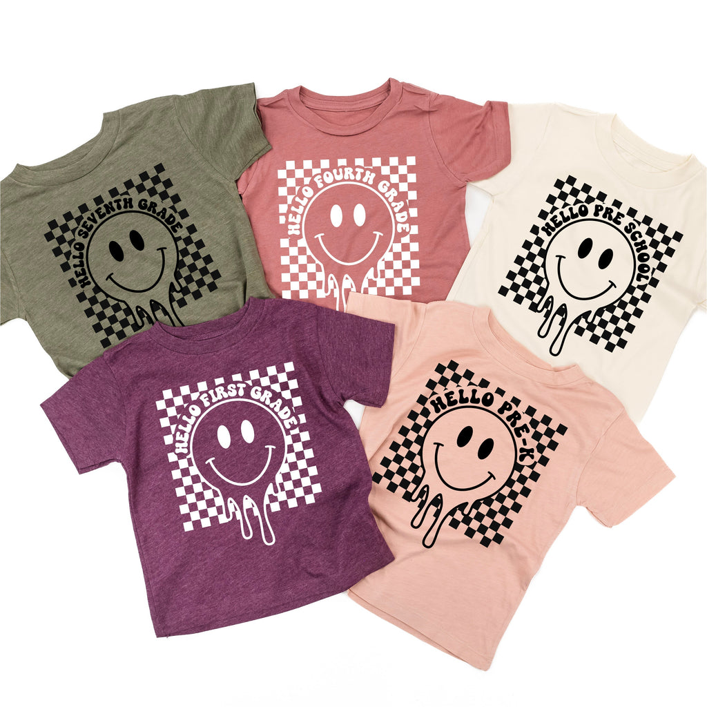 Hello (Choose Your Grade) - Checker Smiley - Child Tee
