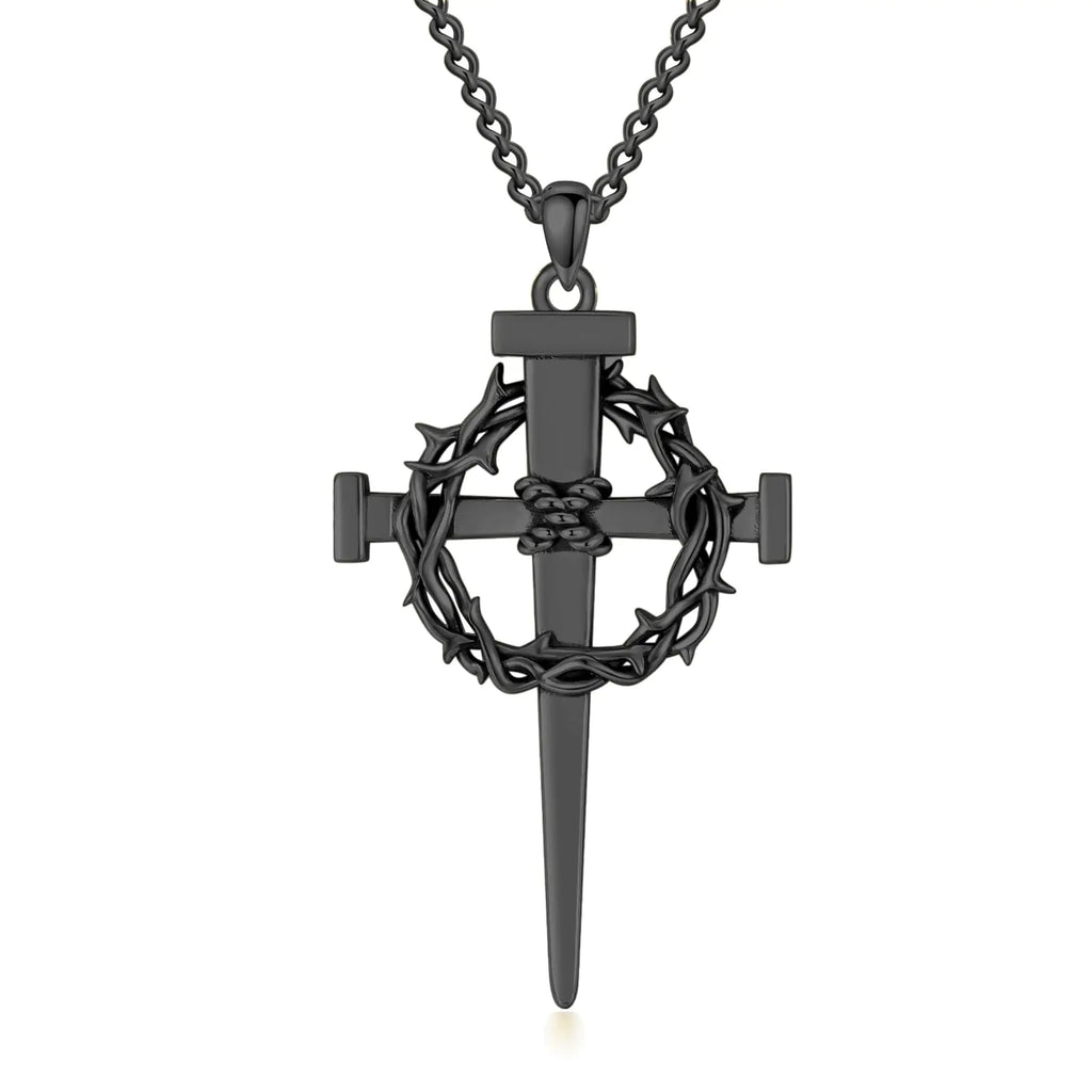 Lattd Nail Cross Necklace 925 Sterling Silver Black Crown of Thorn Nail Cross Pendant Christian Jewelry Gift for Men Women (01-Nail Cross & Crown 02-Black)
