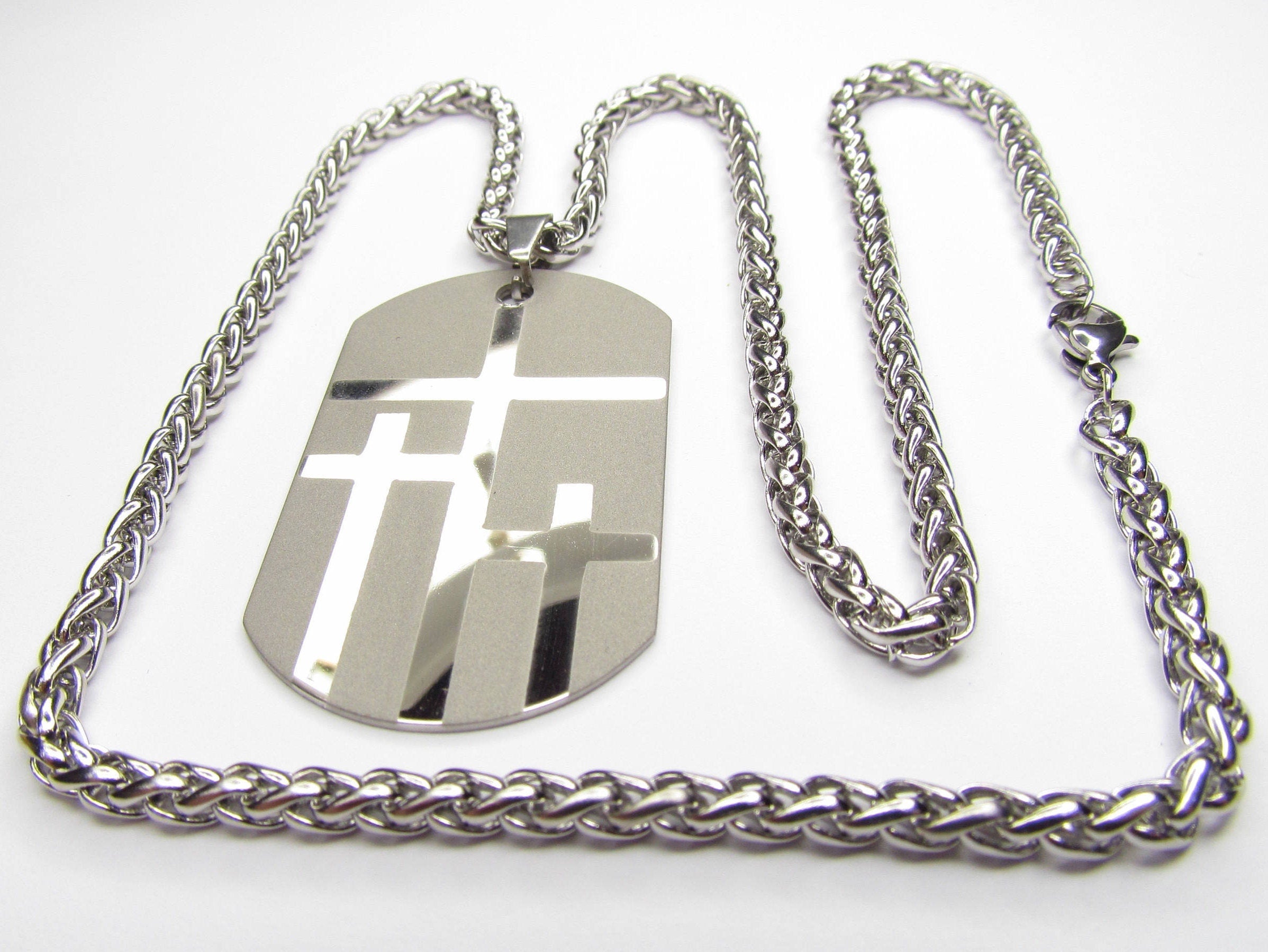 Large silver 3 crosses dog tag necklace handmade triple cross custom personalized waterproof stainless steel