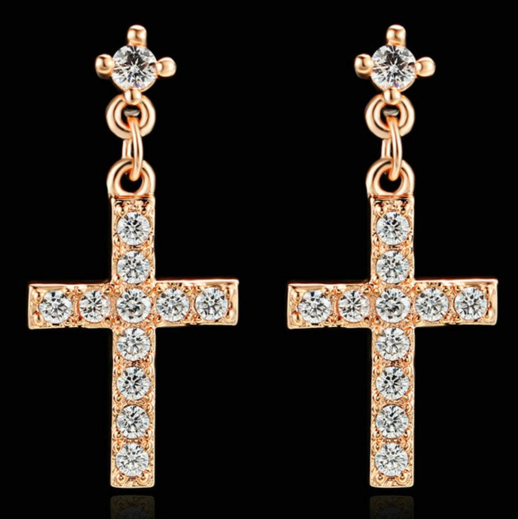 Silver Rose Gold CZ Cross Swag Bling Earrings Dainty Drop Dangle Studs Cast CZ Post Design Elegant Womens jewellery Girls jewelry jesus