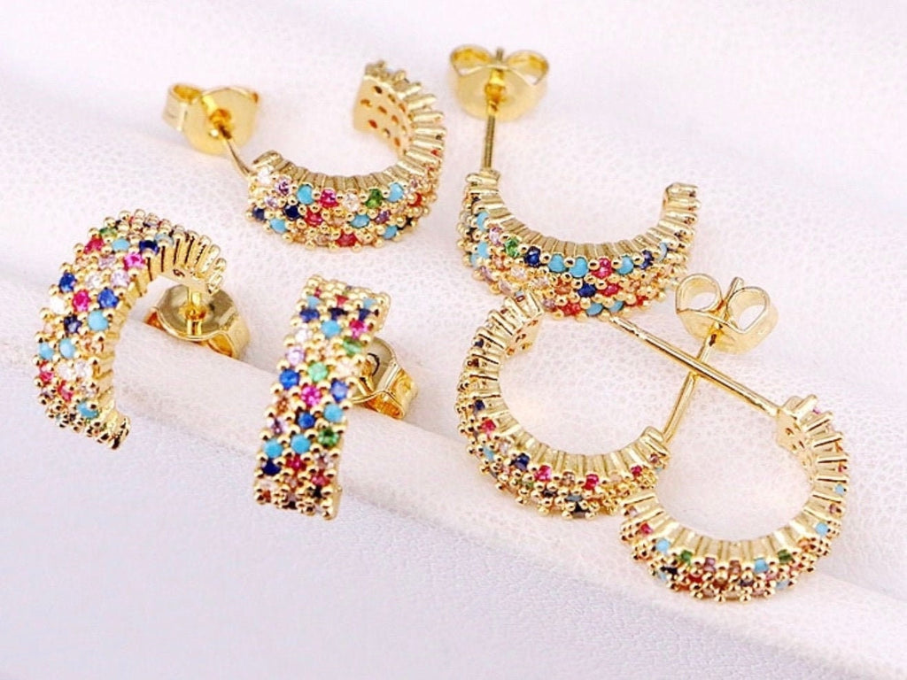 Multi color CZ gold hoop cuff earrings for weddings bridesmaid stud inlay for women girls rainbow colors jewellery jewelry