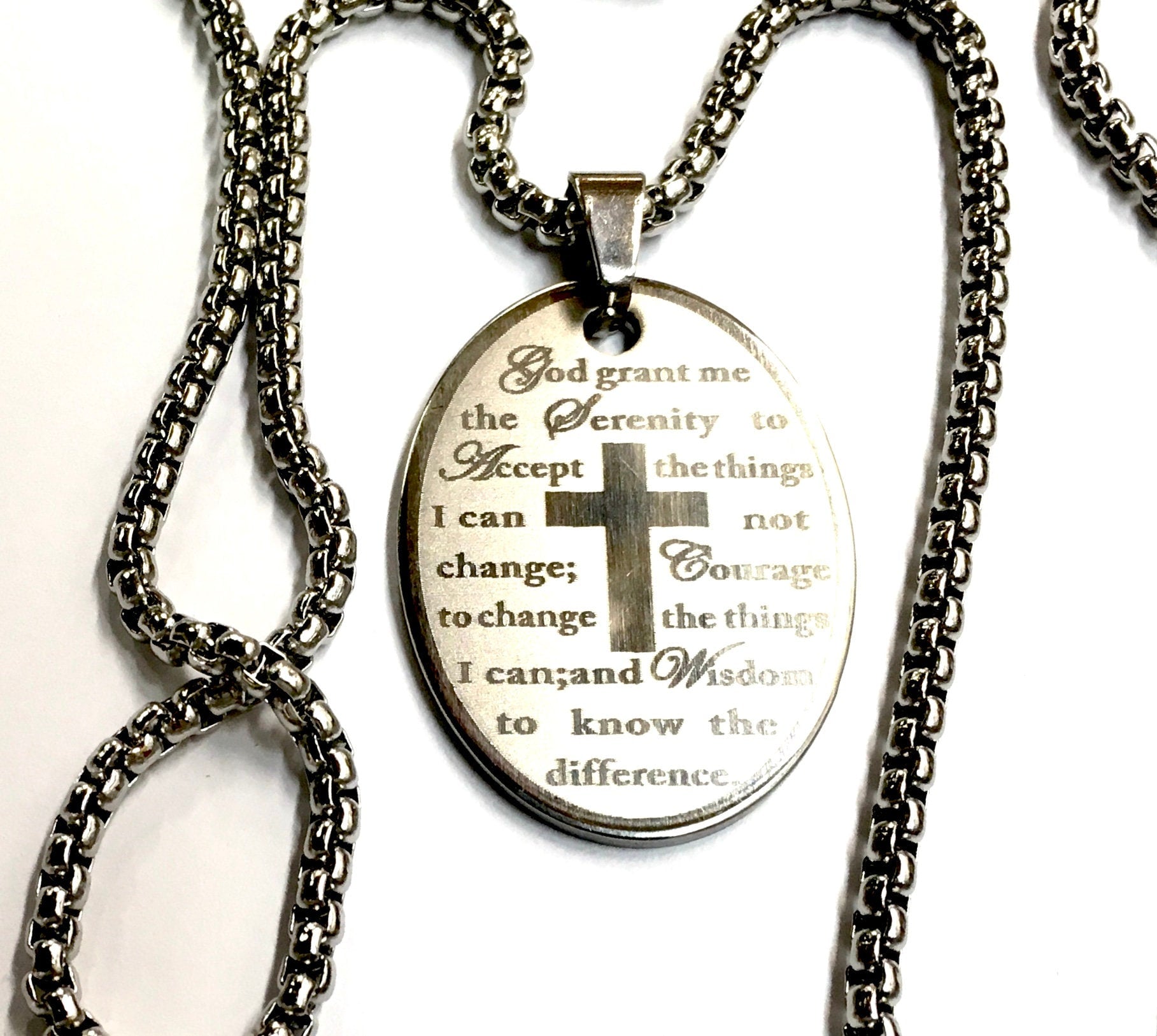Serenity Prayer Necklace Etched Oval Silver Cross Necklace for Men Woman Stainless Steel Chain Cross of Christ Christian Jewelry