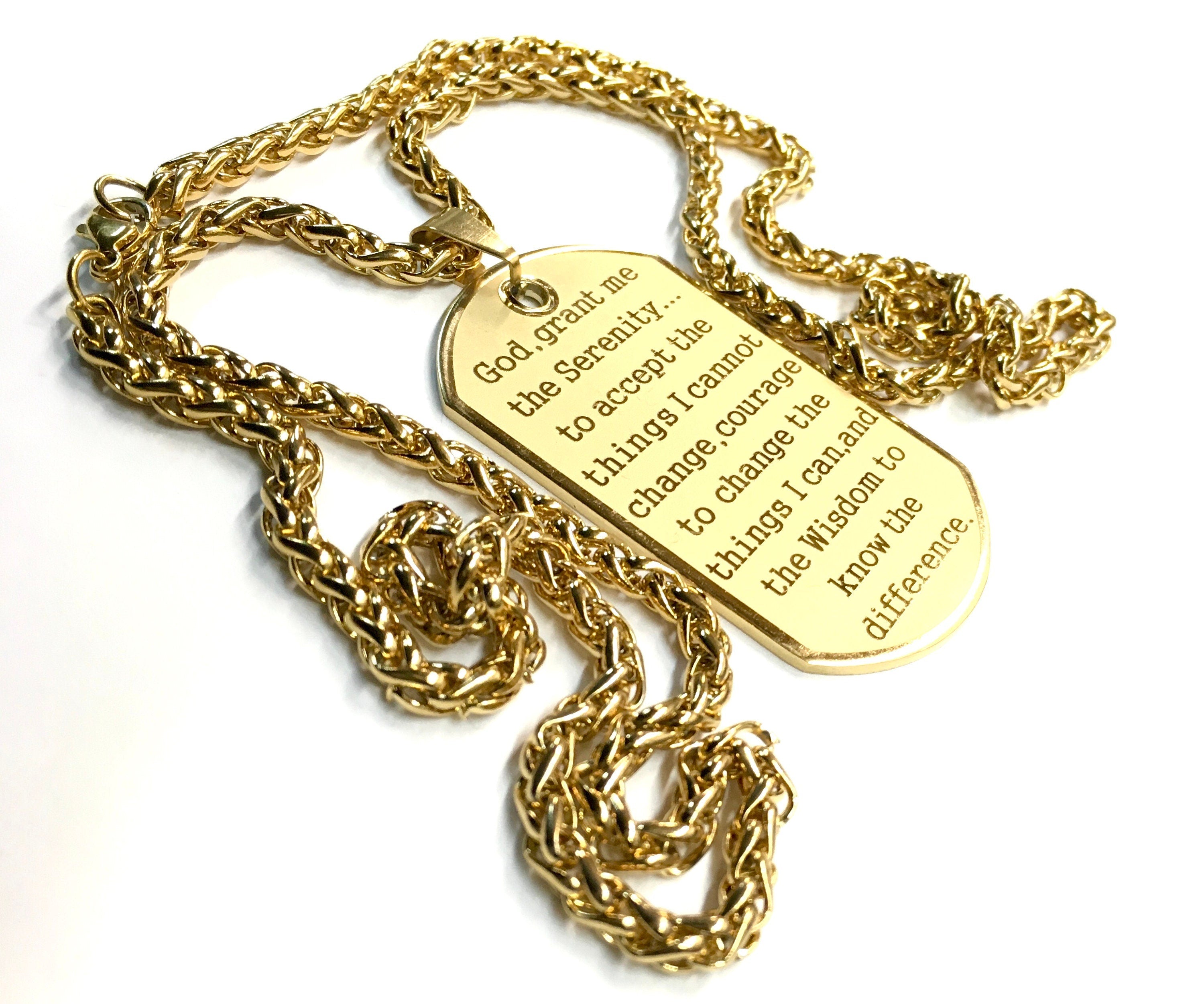 Raised Lettering Serenity Prayer Necklace Dog Tag Gold Silver Thick Chain Exclusive Design Pendant for Mens Boys Waterproof Stainless Steel