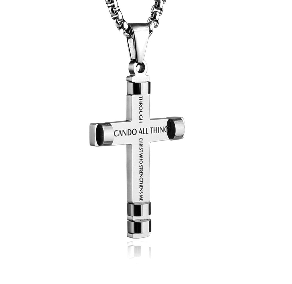 I can do all things Cross Necklaces for Men Silver Black through christ who strengthens me Pendant Stainless Steel Chain Philippians 4:13