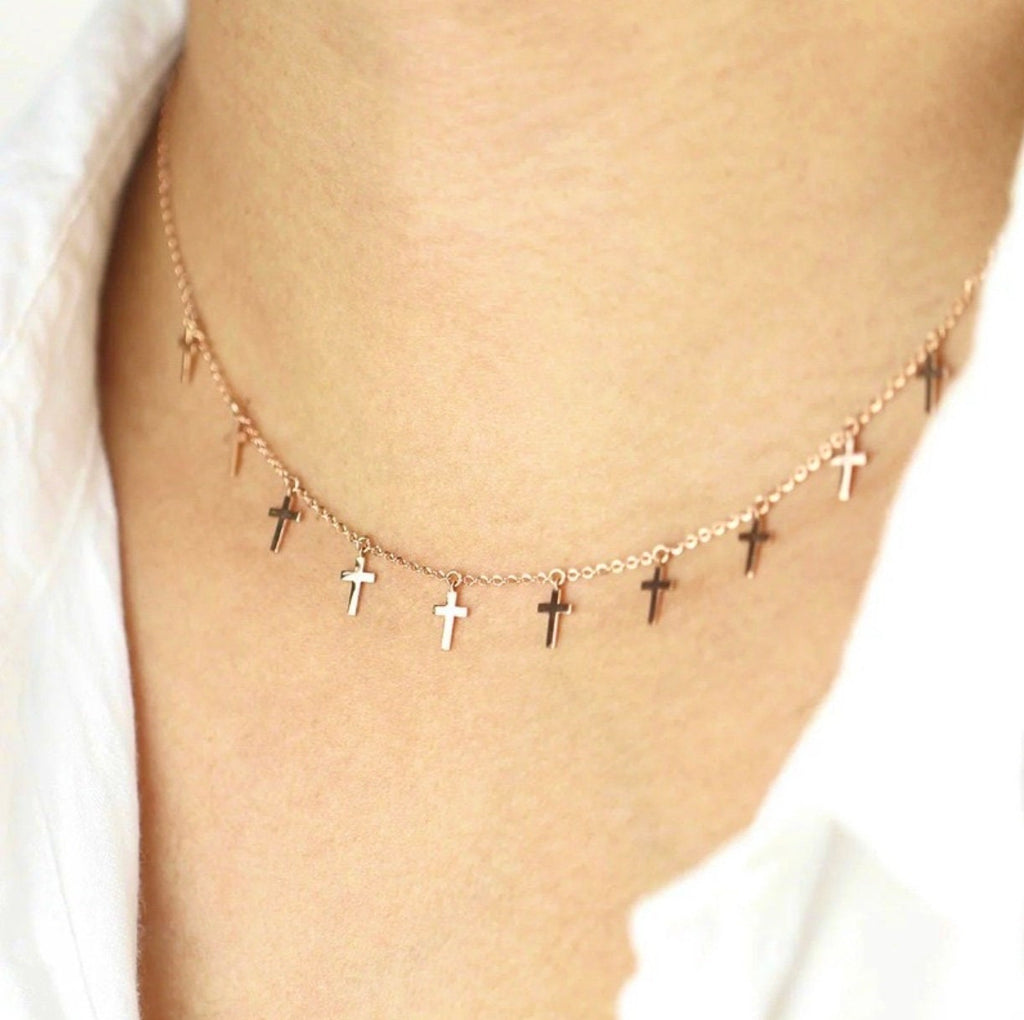 Multi Cross Silver Tiny Cross Necklace and Earrings Cross Chain Small choker Women Girls Meaning of the Horizontal Cross