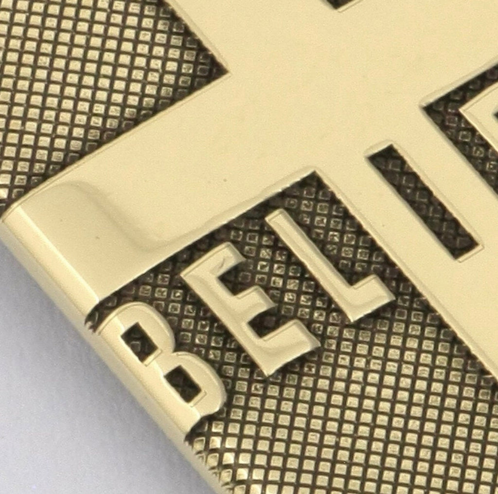 Solid brass BELIEVE dog tag cross necklace pendant detail engraved cross hatch biker heavy box chain jewelry