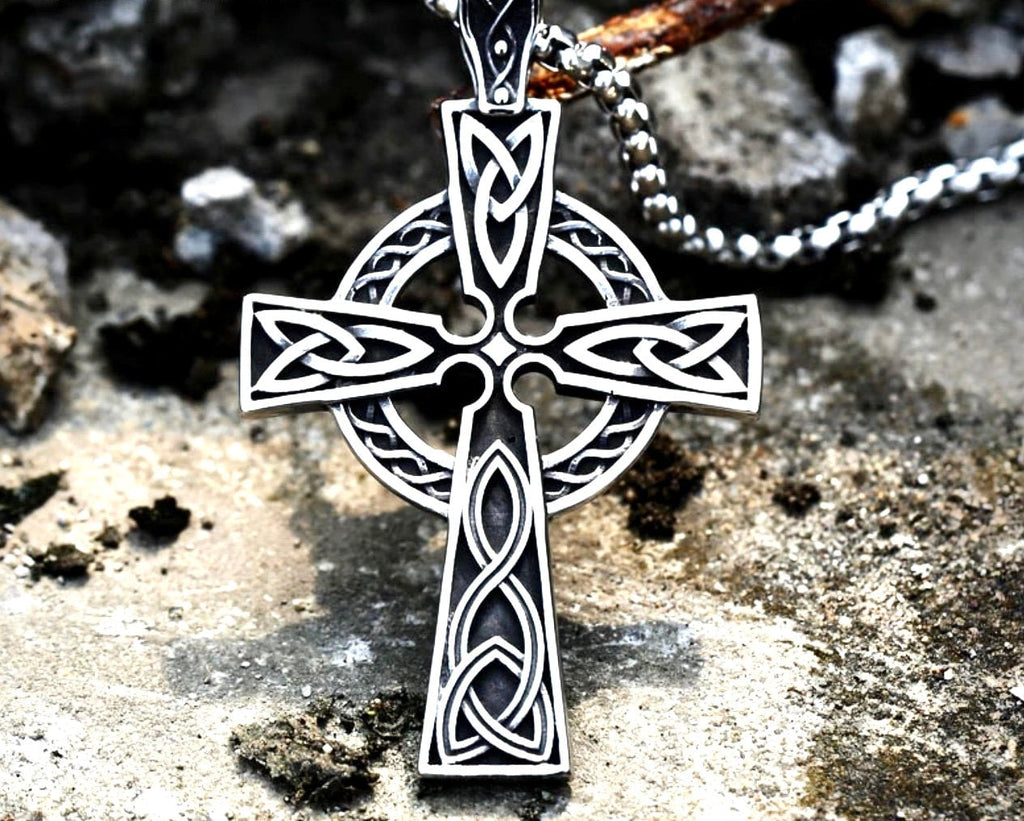 Silver Cross Necklace Celtic Irish Knot Crucifix All Stainless Steel Waterproof Hypoallergenic Cross Vintage Viking Smooth Box Chain Jewelry