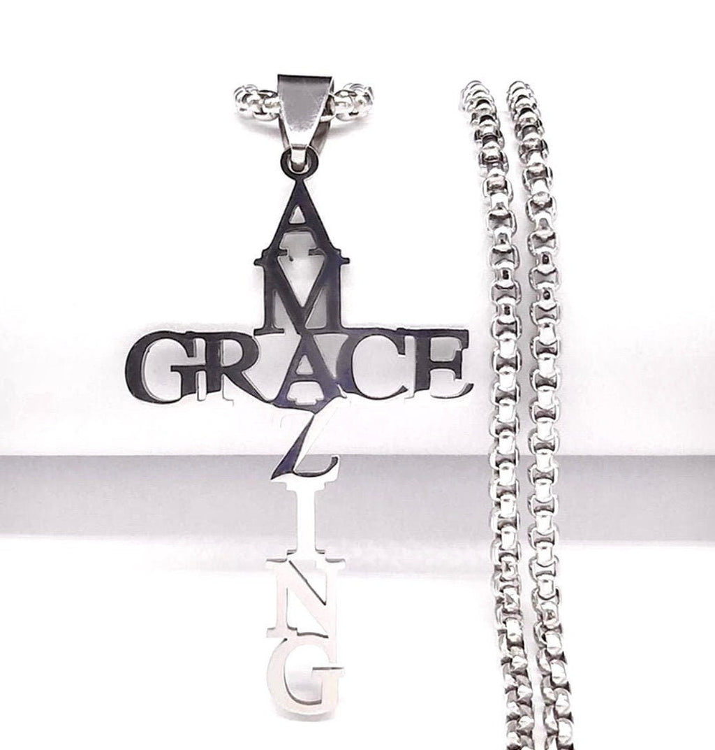 Set - Amazing Grace Cross Necklace Earrings for Men or Women Silver Pendant Jesus Hope Waterproof Hypoallergenic Stainless Steel Ephesians 2:8'9