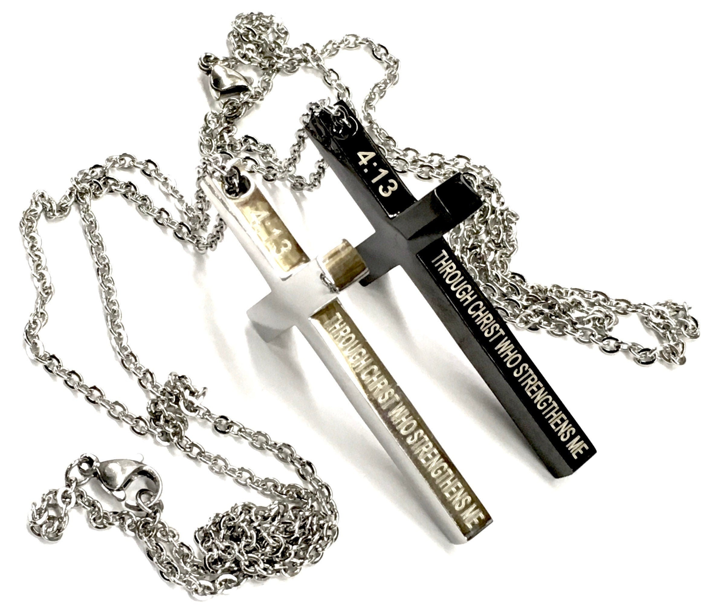 Waterproof Black Silver Cross Necklaces for Men Philippians 4:13 I can do all things through Christ who strengthens me Stainless Steel