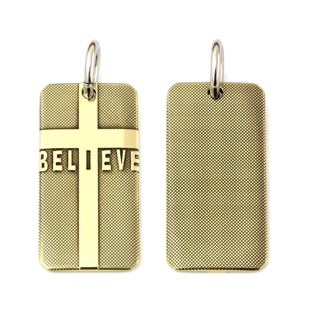Solid brass BELIEVE dog tag cross necklace pendant detail engraved cross hatch biker heavy box chain jewelry