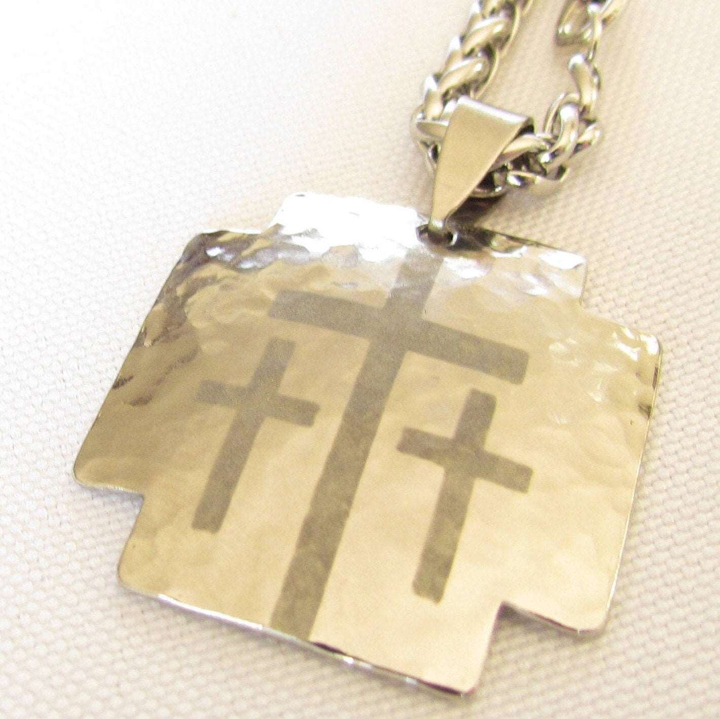 Hand hammered 3 cross dog tag necklace custom personalized heavy keel chain for men