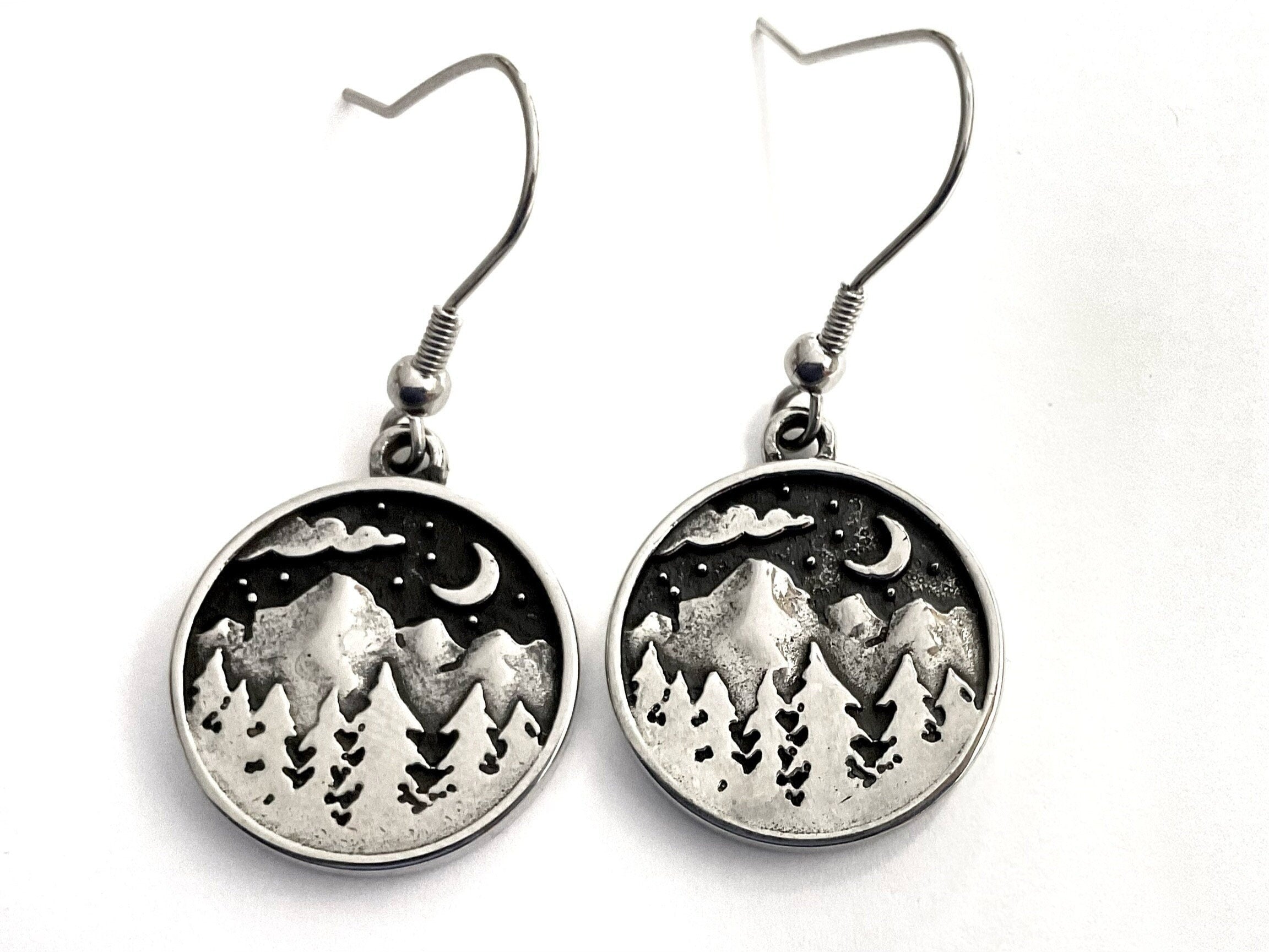 Mountain Moon and Stars Earring Scene with pine trees drop dangle Hike Bike Fish Wanderlust cross country ski Minimalist Jewelry for Woman